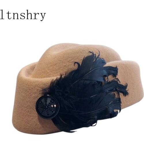 Autumn Winter Hats Elegant Wool Feather Bow Airline Stewardess White Womens Fedora Caps Formal Lady Hat Royal Style Dome Chapeu