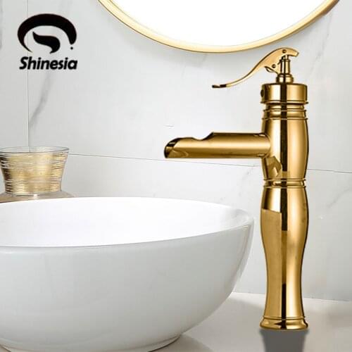 Shinesia Golden Bathroom Basin Faucet Hot and Cold Water Mixer Tap for Vessel Sink Deck Mounted Luxury Crane Bathroom Accessory