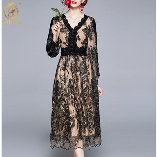 SMTHMA New Fashion 2021 Autumn Runway Vintage Party Dress Womens Long Sleeve Black Mesh Sequins Embroidery Pleated Mid Dress