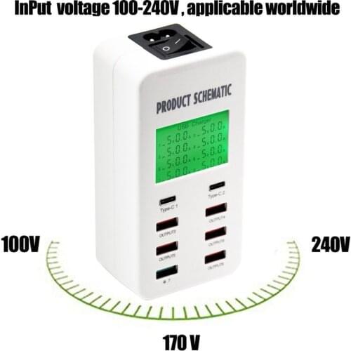 8 Port Smart AC USB Wall Charger LED iPad iPhone Android Tablet 2x Type-C QC3.0