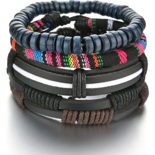 Unique Jewelry Multicolor Braided Wrap Leather Bracelets for Men Women Vintage Charm Wood Beads Ethnic Tribal Wristbands