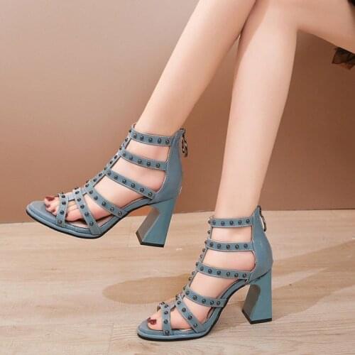2021 New Women Square Heel Sandals,Rivets Platforms Shoes,Summer Heels,Korea Style,Female Footwear Black,BLUE,BEIGE,Dropshipping