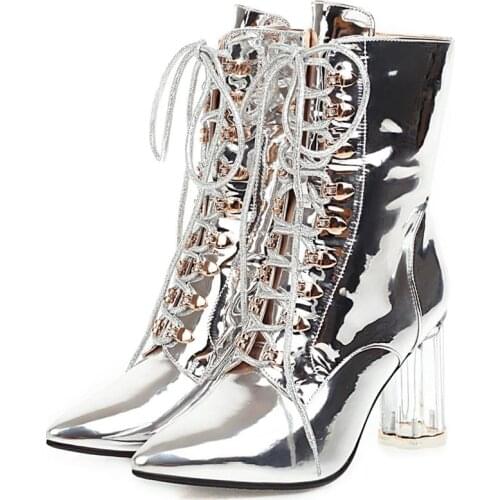 2020 Sequins PU Leather Fashion Transparent Square Heel Ankle Boots Autumn Winter Pointed Toe Zipper Women Shoes Size 34-43