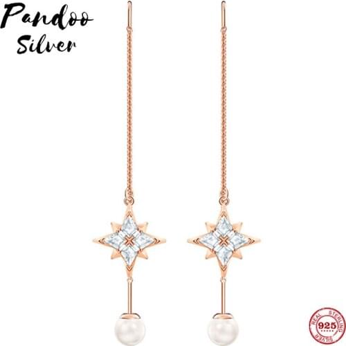 PANDOO Fashion Charm Sterling Silver Original 1:1 Copy, Star Pearl Embellished Long Earrings Women Luxury Jewelry Gifts