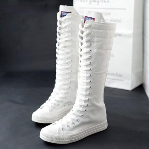 Women Canvas Lace Up Knee High Boots Cross Tied Zip Plus Size Ladies Flat Shoes Female Fashion Casual Sneaker Spring Woman