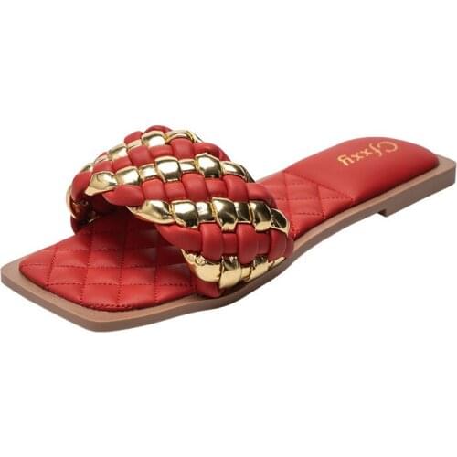 2021 New Women Slides Slippers Flat Heel Sandals Golden Red Woven PU Leather Indoor Shoes Plus Size 42 House Slippers
