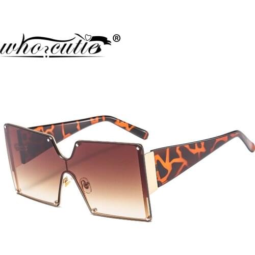 WHO CUTIE Vintage Fashion Oversized Sunglasses Women Rimless Brand Design Retro Big Square Frame Leopard Sun Glasses Shades S310