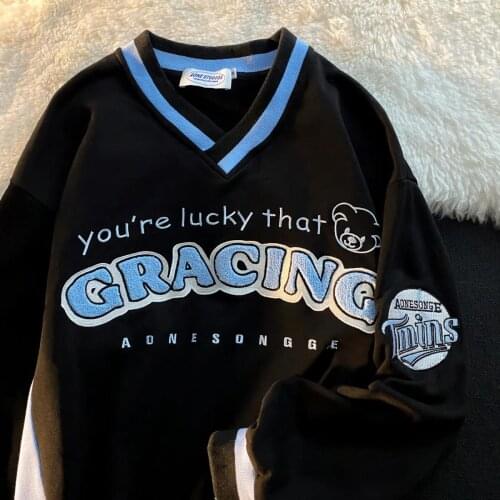 Punk Style Cute Bear V-neck Letter Embroidery Sweatshirt Women Fashion Oversized Tops Casual Streetwear Harajuku Clothes Teens