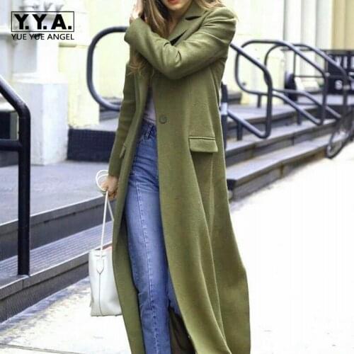 New Runway Women Super Long Woolen Coat High Street Boyfriend Suit Collar Wool Blends Overcoat Ladies Slim Fit Green Maxi Trench