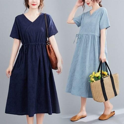 2020 Summer New Retro Cotton and Linen Jacquard Short-sleeved Dress Female Casual Slim Temperament Loose V-neck Long Dress K692