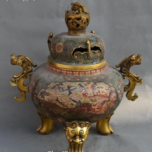 16" Cloisonne Bronze 24K Gold Gilt Loong Dragon Beast Bird Incense Burner Censer