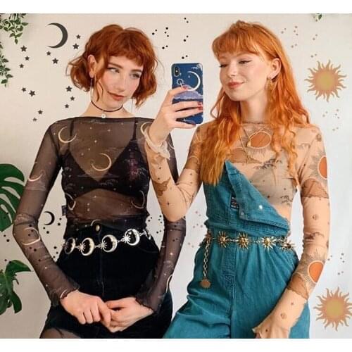 2020 Sexy Women Mesh Sheer Sun Top Shirt Long Sleeve Print Summer T-Shirt For Young Girls