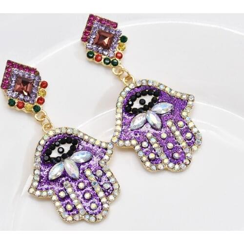 2021 Trendy Crystal Earrings Purple Turkish Eye Palm Shaped Rhinestone Drop Earrings For Women Girls Novelty Jewelry Gift