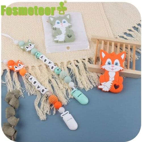 Fosmeteor 2pcs Of Gray Fox Teether Gift Food Grade Silicone Without BAP Personalized Name Nipple Bracket Chain And Fox Teether