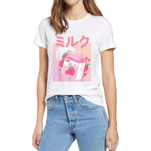 Unisex 100% Cotton Strawberry Milk Shake Carton Creamy Milk Kawaii Funny Retro 90s Japanese Kawaii Funny Summer Womens T-Shirt