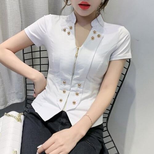 2021 New Black White Summer Korean Clothes T-shirt Vintage Zipper Women Tops Shirt Short Sleeve Button Tees