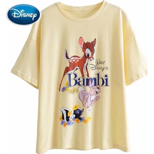Disney Chic Fashion Bambi Deer Rabbit Thumper Cartoon Letter Print T-Shirt O-Neck Short Sleeve Harajuku Streetwear Women Tee Top