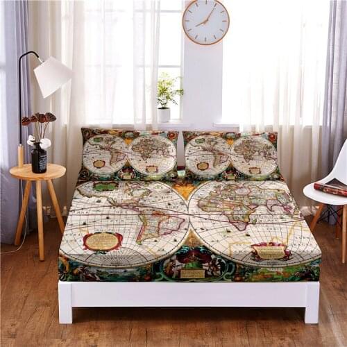 Map Digital Printed 3pc Polyester Fitted Sheet Mattress Cover Four Corners with Elastic Band Bed Sheet Pillowcases
