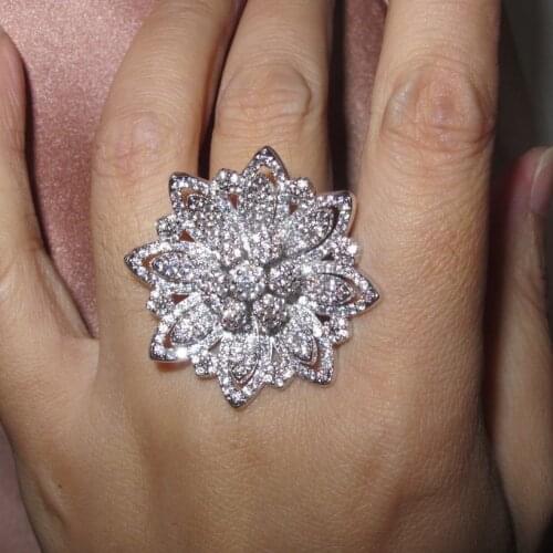 Promotion hot sale Women classic fashion cubic zircon big flower ring designer copper party jewelry