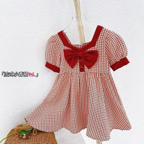 Girls summer dress 2021 new Korean version of the college style clothing childrens baby birthday plaid bow princess dresses