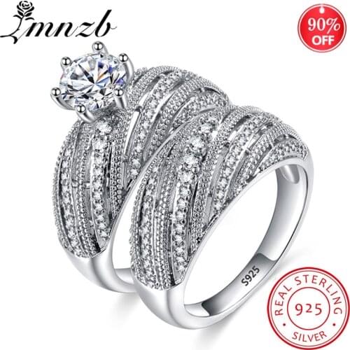 LMNZB 925 Sterling Silver Ring Sets 2 pcs Bijoux Full Crystal CZ Zircon Rings Engagement Wedding Jewelry Gift KRB017