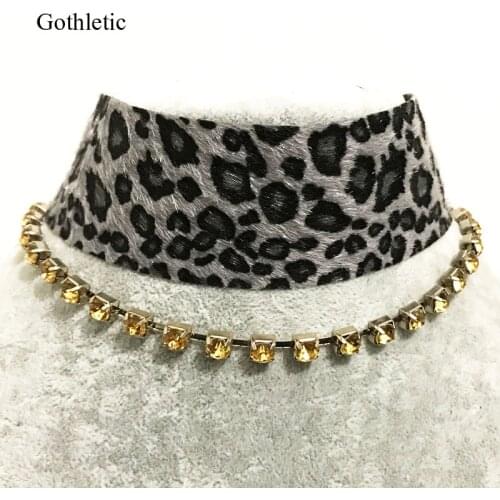 Gothleitc 2019 Fashion Leopard Print Fabric Wide Statement Choker Rhinestone Chain Drop CollarNecklace for Women Hip Hop Jewelry