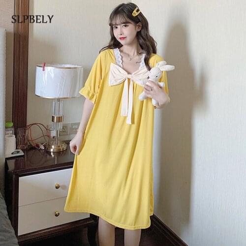 SLPBELY Women Nightgdress Homewear Sweet Solid Bow Nightdgown Summer Kawaii Girls Sleepwear Nighskrit Homewear Mujer Pijama