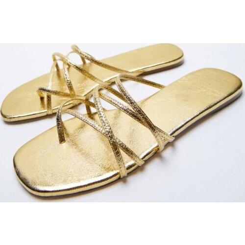 2021 New Style WomenS Shoes Golden Strappy Flat-Bottomed Fashion Sandals WomenS Flip Flops Low Heel WomenS Shoes Slippers