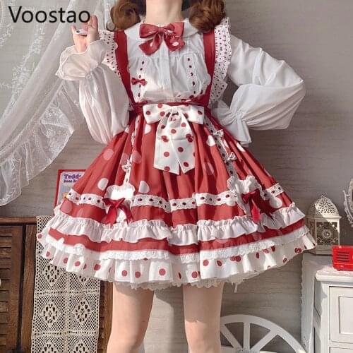 Japanese Style Gothic Lolita Dress Women Sweet Strawberry Wave Point Print Kawaii Dress Harajuku Girly Maid Straps Dress Sets