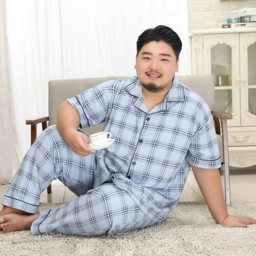 Plus Size 5XL casual striated 100% cotton pajama sets men simple plaid short sleeves Trousers Sleepwear mens pyjamas
