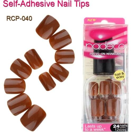 12Sets Full Cover Light Browny Self-Adhesive Fake Nail Polish Tips Pre-glued Artificial Nails Pure Color French Manicure RCP-40