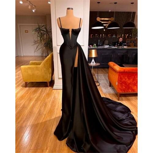 Sexy Black Pleat Satin Long Mermaid Prom Dress 2021 Evening Gala Dress Formal Party Gown Wedding Occasion Dress