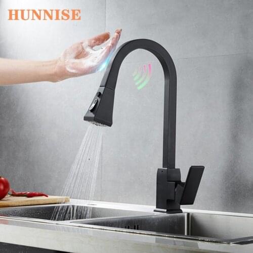 Sensor Kitchen Faucet Matte Black Sensor Kitchen Sink Faucet Hot Cold Water Tap 360 Rotation Touch Pull Out Kitchen Faucets
