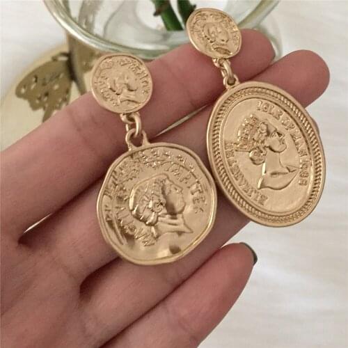 Trendy Gold Color Plating Figure Engraved Coin Unbalaced Drop Earrings For Women Girl Daily Party Wearing Fashin Jewelry