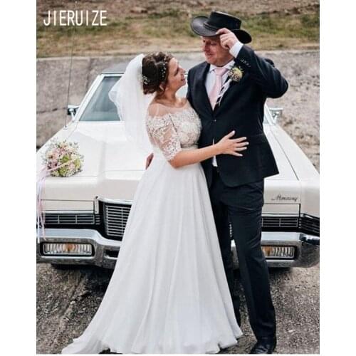 JIERUIZE Wedding Dresses Scoop Neck Half Sleeves Button Back Sheer Lace Appliques Wedding Gowns Bridal Dresses Vestidos De Noiva