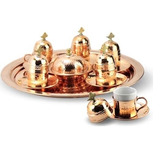 Hammered Red Copper Turkish Coffee Set 8 Pieces Handmade Workmanship in Turkey Great Gift Idea 35cm Plate