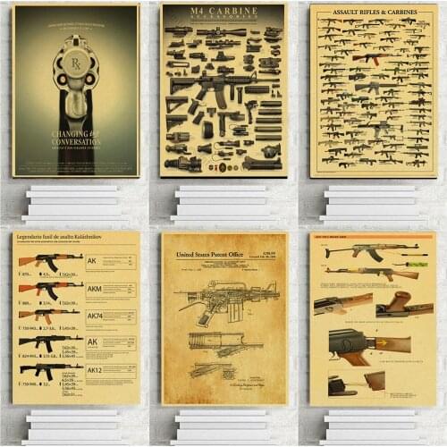 World Famous Gun Poster Vintage Poster Kraft Paper Print for Home Cafe Wall Decorative Painting Retro Posters Military Fans Gift