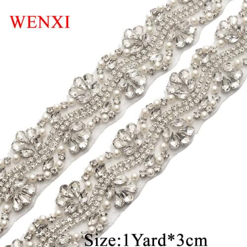 WENXI 1YARD Handmade Silver Rhinestones Appliques Trim For Wedding Dresses Sash Rhinestones Appliques Accessory DIY Belt WX819
