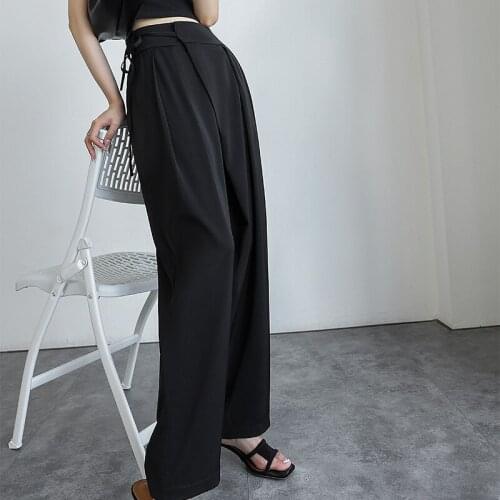 Johnature Summer New Full Length Pants For Women 2021 Fashion Casual Loose Waist Tie Solid Color Wide Leg Pants