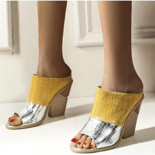 Women Patent Leather Chunky High Heels Evening Gladiator Sandals Female Slip On Open Toe Summer Party Pumps Shoes Casual Shoes