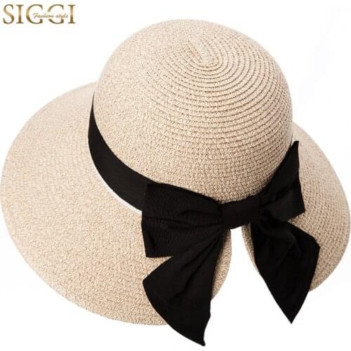 FANCET Womens Floppy Summer Sun Straw Hats Solid Bowknot Soft Wide Brim UPF50+ UV Caps Foldable Beach Fashion Hats Girls 89015