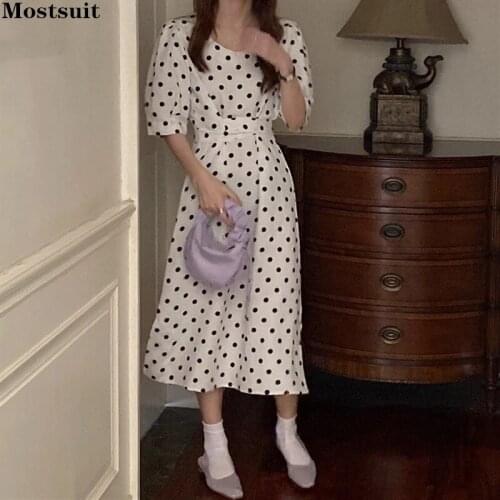 Summer Elegant Dress For Women Short Sleeve O-neck Dots Split Tunic Belt Korean Dresses 2021 Robe Femme