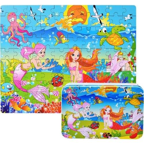 100pcs Cartoon Animals Wood Puzzle Toys Jigsaw with Iron Box Educational Early Learning Toys for Kids Children