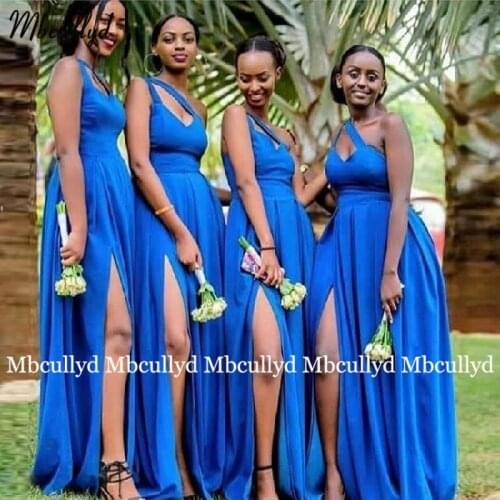 2021 Bridesmaid Dresses Long Blue Side Slit Satin A-line Prom Dress Maid Of Honor Wedding Guest Dresses Vestido De Fiesta