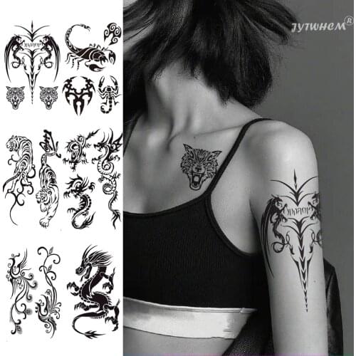 Large Waterproof Temporary Tattoo Stickers Cool Flash Leg Chest Writing Phoenix Tiger Dragon Womens Arm Fake Tatto Art Sticker