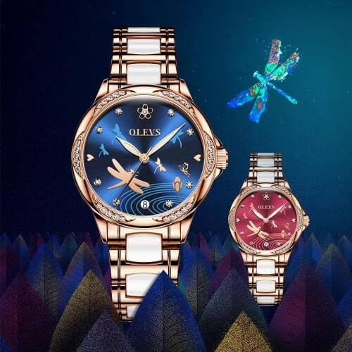Womens watches ceramics famous brands OLEVS elegant woman automatic mechanical dragonfly emboss watch rhinestone ladies watches