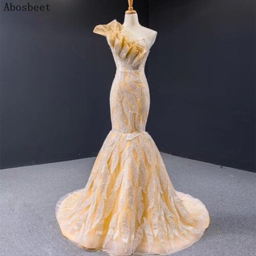 Gold Mermaid Long Evening Dress 2021 One Shoulder Elegant Long Formal Prom Party Evening Gown Long Trrain Lace Up New Style
