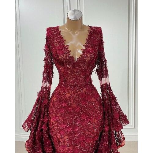 Elegant Burgundy Evening Dresses Long Sleeves Luxury V Neck Lace Mermaid Prom Gowns For Women Beaded Dinner Wear 2021