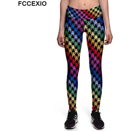 FCCEXIO New Style Colorful Cartoon Cat 3D Print Fitness Legging Women Slim Pants Fashion Skinny Pants Women High Waist Trousers