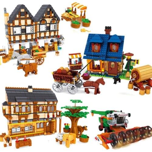 Farm Harvester Village Market Model Building Blocks Horse Carriage Farmer Figures Cow Animals Architecture set Construction Toys
